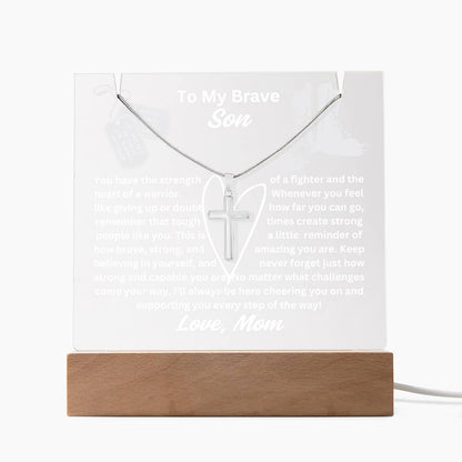 To My Son-Heart Of A Warrior-Personalized  Our elegant Keepsake Acrylic Bundle, featuring a stunning Square Acrylic and the beautiful Cross Necklace 17