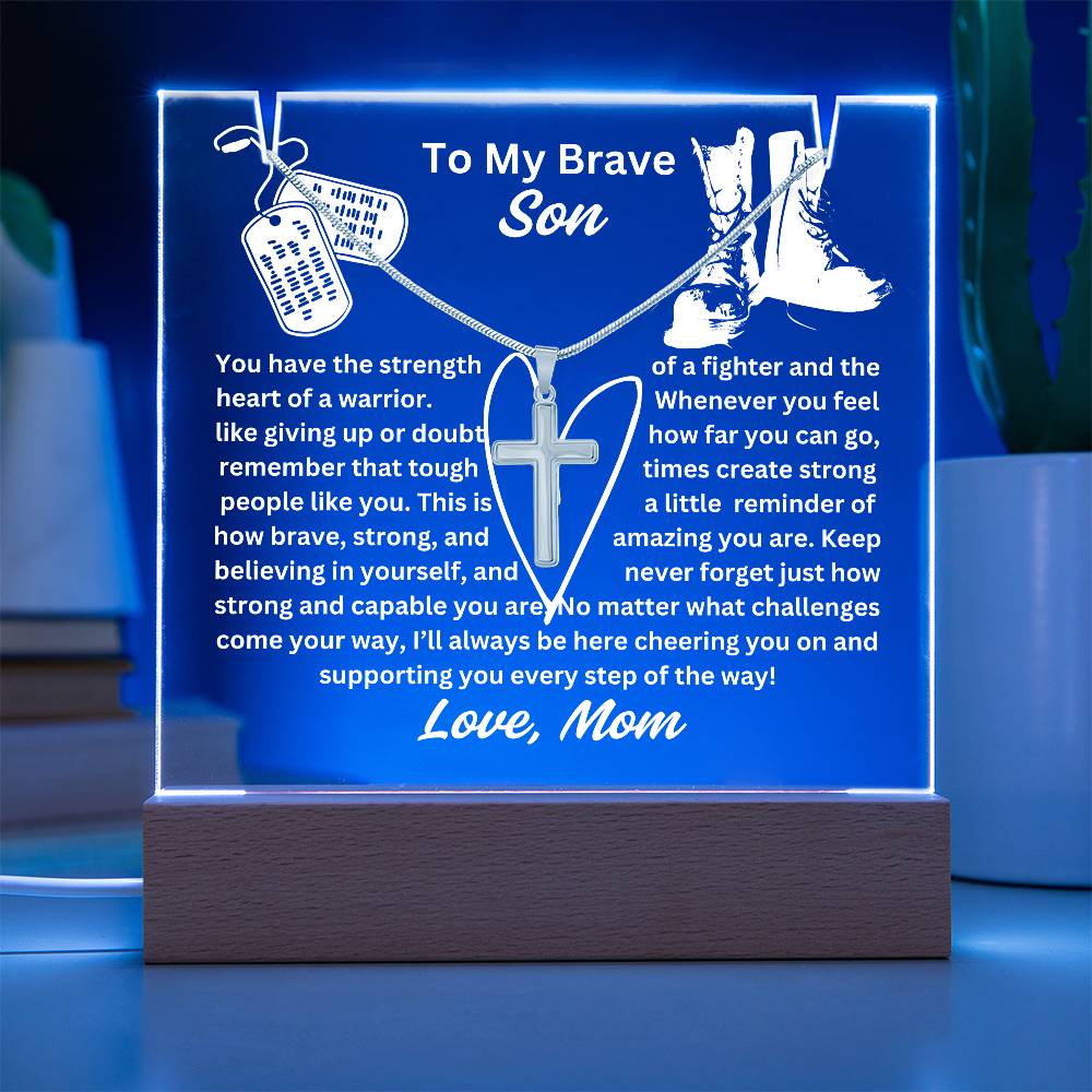 To My Son-Heart Of A Warrior-Personalized  Our elegant Keepsake Acrylic Bundle, featuring a stunning Square Acrylic and the beautiful Cross Necklace 17