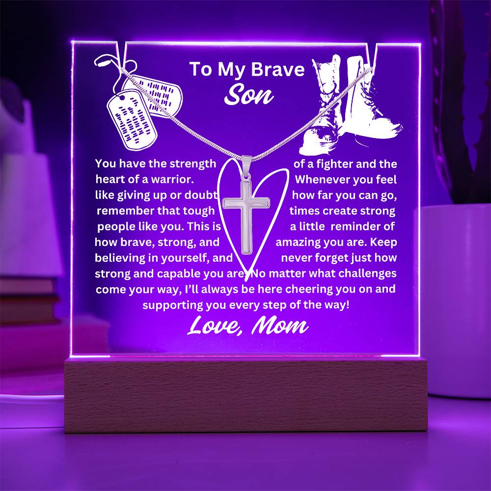 To My Son-Heart Of A Warrior-Personalized  Our elegant Keepsake Acrylic Bundle, featuring a stunning Square Acrylic and the beautiful Cross Necklace 17