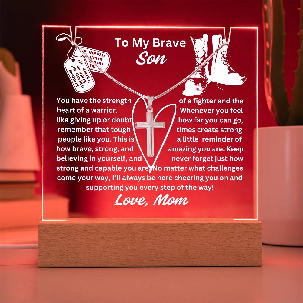 To My Son-Heart Of A Warrior-Personalized  Our elegant Keepsake Acrylic Bundle, featuring a stunning Square Acrylic and the beautiful Cross Necklace 17