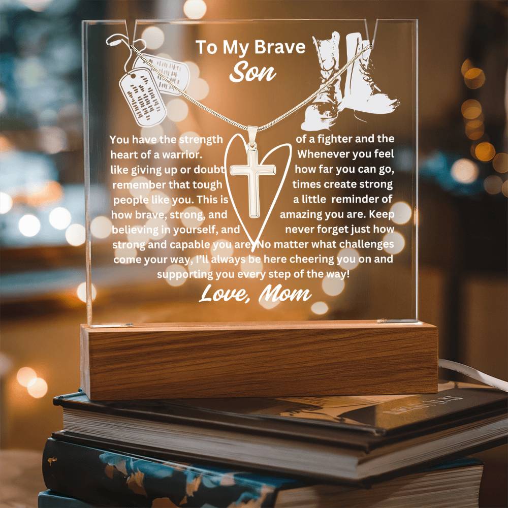 To My Son-Heart Of A Warrior-Personalized  Our elegant Keepsake Acrylic Bundle, featuring a stunning Square Acrylic and the beautiful Cross Necklace 17