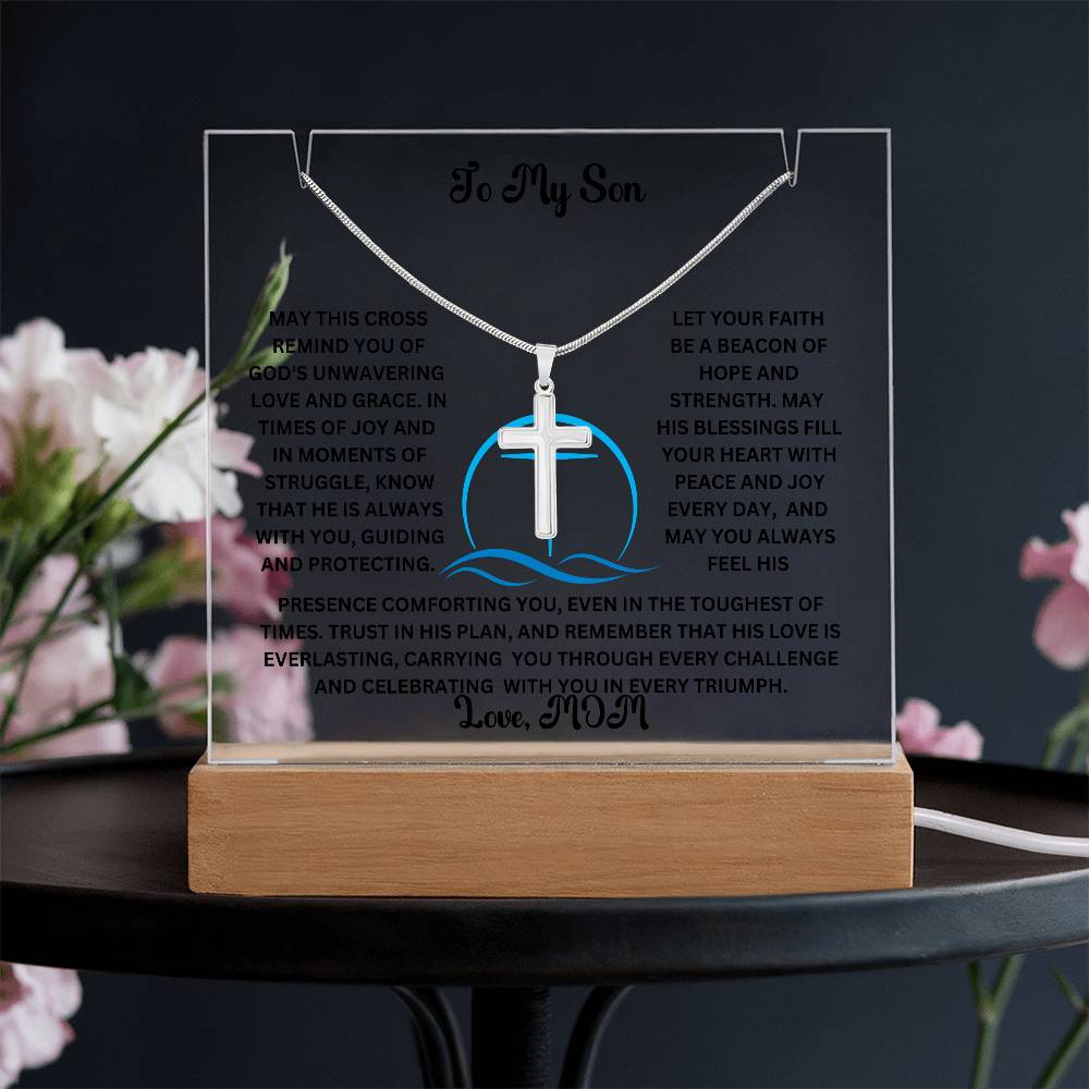 To My Son or Daughter-Personalized this elegant Keepsake Acrylic Bundle, featuring a stunning Square Acrylic and the beautiful Cross Necklace 204