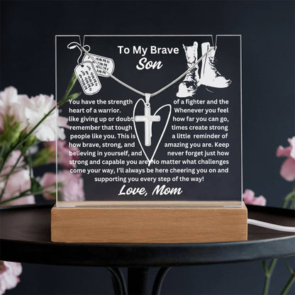 To My Son-Heart Of A Warrior-Personalized  Our elegant Keepsake Acrylic Bundle, featuring a stunning Square Acrylic and the beautiful Cross Necklace 17