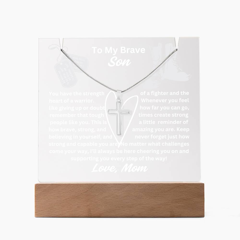 To My Son-Heart Of A Warrior-Personalized  Our elegant Keepsake Acrylic Bundle, featuring a stunning Square Acrylic and the beautiful Cross Necklace 17