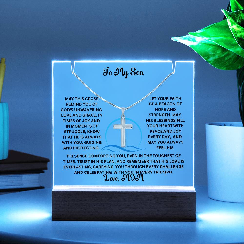 To My Son or Daughter-Personalized this elegant Keepsake Acrylic Bundle, featuring a stunning Square Acrylic and the beautiful Cross Necklace 204