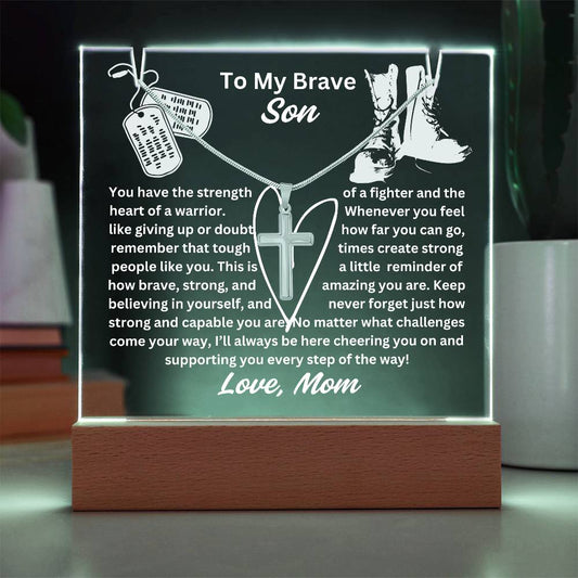 To My Son-Heart Of A Warrior-Personalized  Our elegant Keepsake Acrylic Bundle, featuring a stunning Square Acrylic and the beautiful Cross Necklace 17