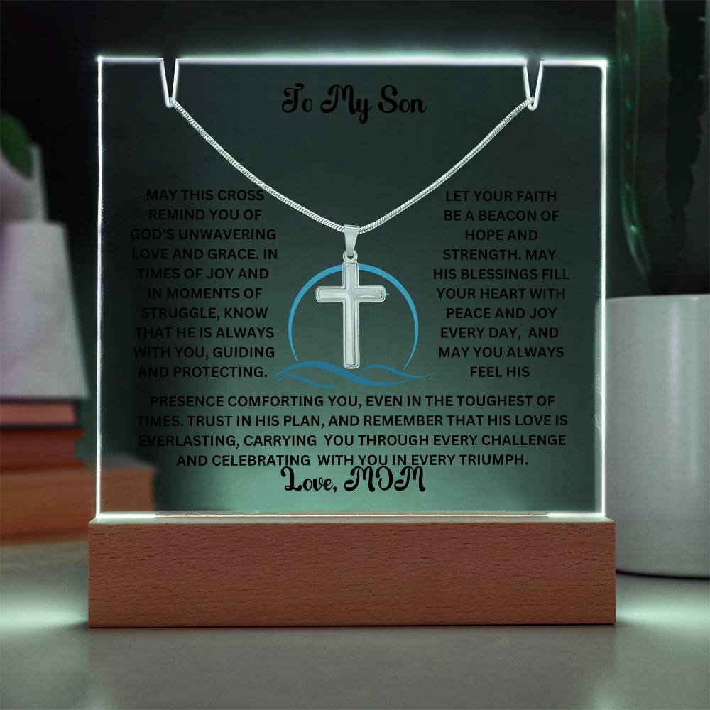 To My Son or Daughter-Personalized this elegant Keepsake Acrylic Bundle, featuring a stunning Square Acrylic and the beautiful Cross Necklace 204