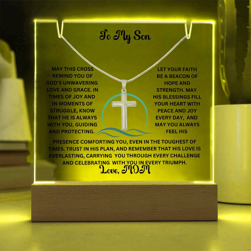 To My Son or Daughter-Personalized this elegant Keepsake Acrylic Bundle, featuring a stunning Square Acrylic and the beautiful Cross Necklace 204