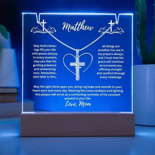 To My Son or Daughter- Personalized this elegant Keepsake Acrylic Bundle, featuring a stunning Square Acrylic and the beautiful Cross Necklace 208