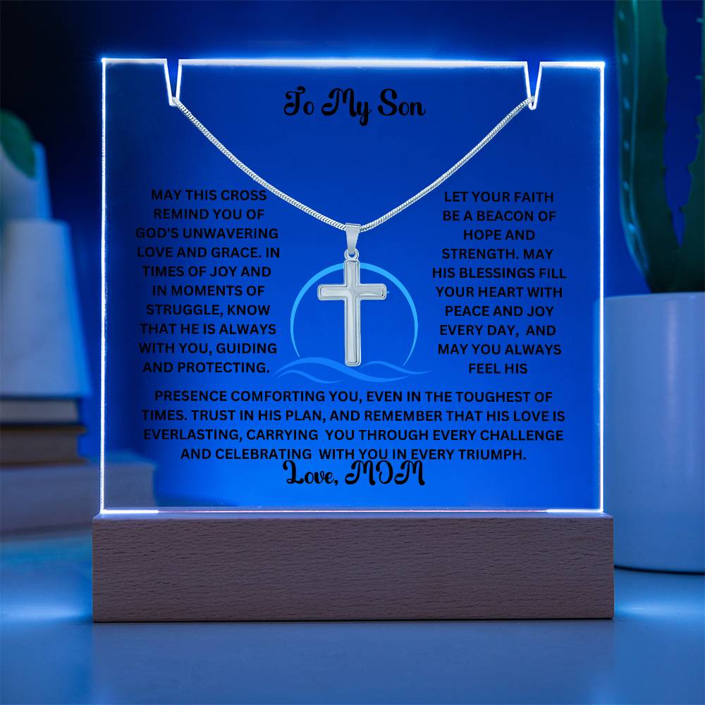 To My Son or Daughter-Personalized this elegant Keepsake Acrylic Bundle, featuring a stunning Square Acrylic and the beautiful Cross Necklace 204