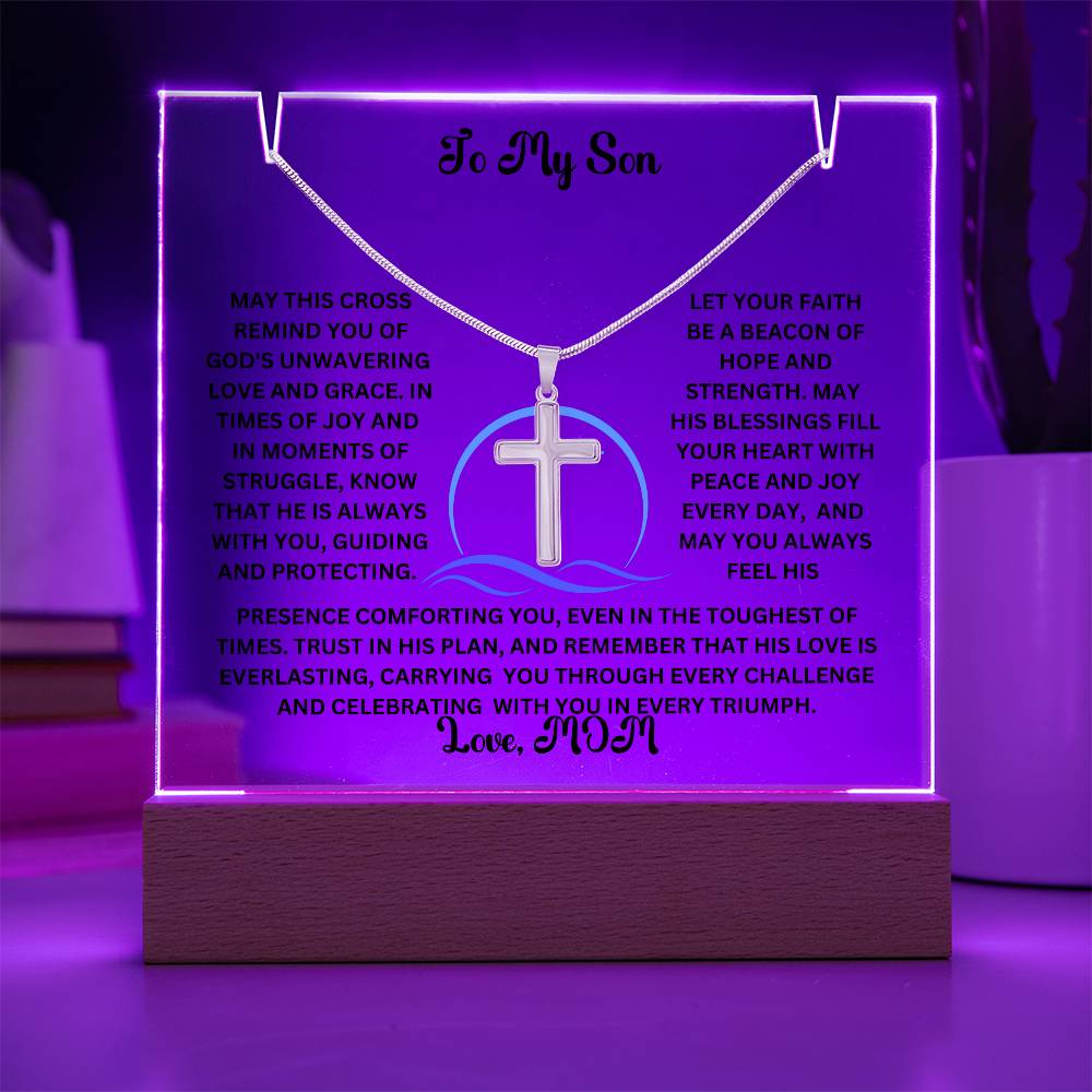 To My Son or Daughter-Personalized this elegant Keepsake Acrylic Bundle, featuring a stunning Square Acrylic and the beautiful Cross Necklace 204