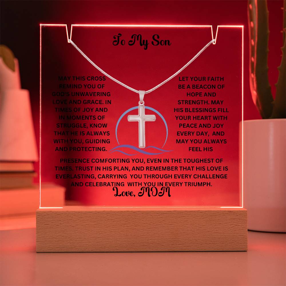 To My Son or Daughter-Personalized this elegant Keepsake Acrylic Bundle, featuring a stunning Square Acrylic and the beautiful Cross Necklace 204