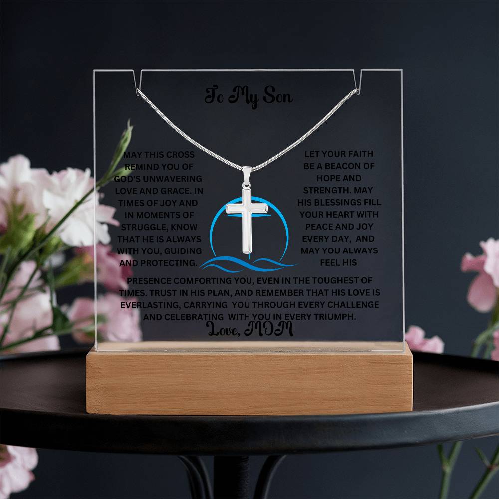 To My Son or Daughter-Personalized this elegant Keepsake Acrylic Bundle, featuring a stunning Square Acrylic and the beautiful Cross Necklace 204