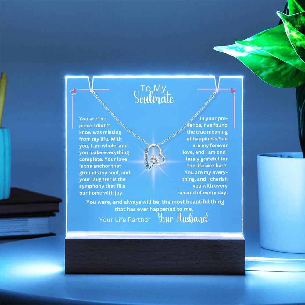 To My Soulmate-Personalized this elegant Keepsake Acrylic Bundle, featuring a stunning Square Acrylic and the beautiful Forever Love Necklace