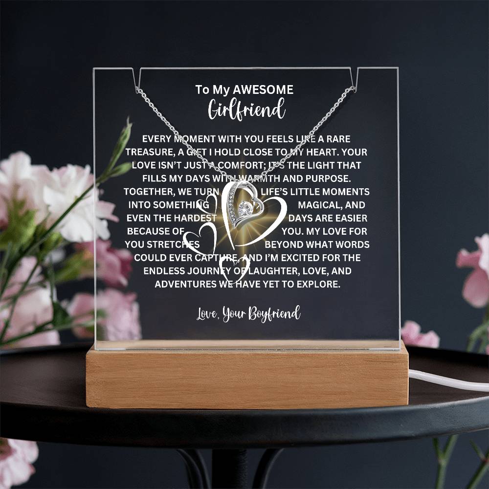 To My Girlfriend-Personalized this elegant LED lighted Keepsake Acrylic Bundle, featuring a stunning Square Acrylic and the beautiful Forever Love Necklace 226