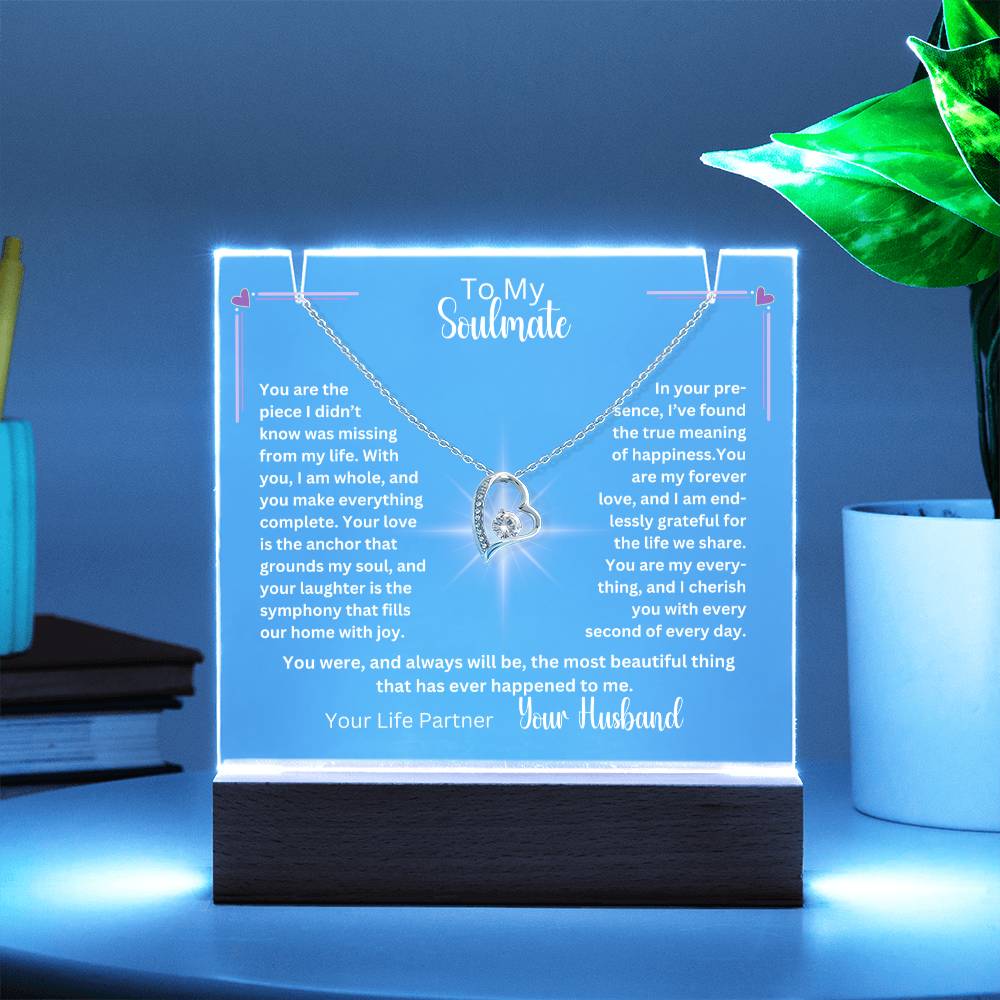 To My Soulmate-Personalized this elegant Keepsake Acrylic Bundle, featuring a stunning Square Acrylic and the beautiful Forever Love Necklace