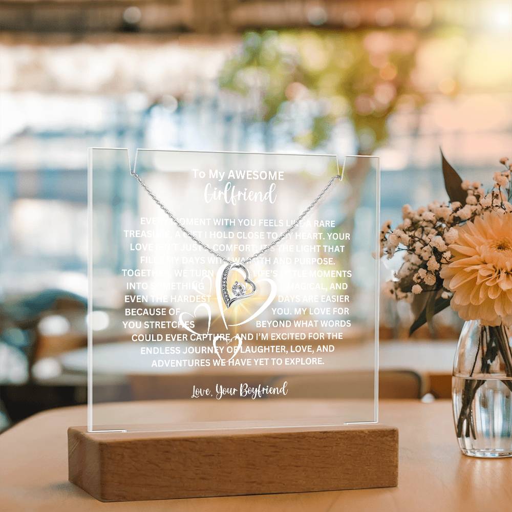 To My Girlfriend-Personalized this elegant LED lighted Keepsake Acrylic Bundle, featuring a stunning Square Acrylic and the beautiful Forever Love Necklace 226