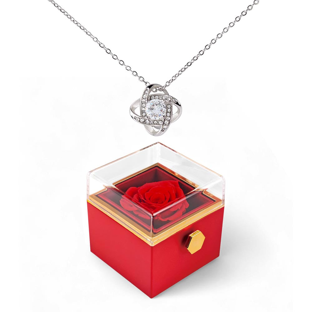 For Her-Love Knot Necklace with rotating Rose Box