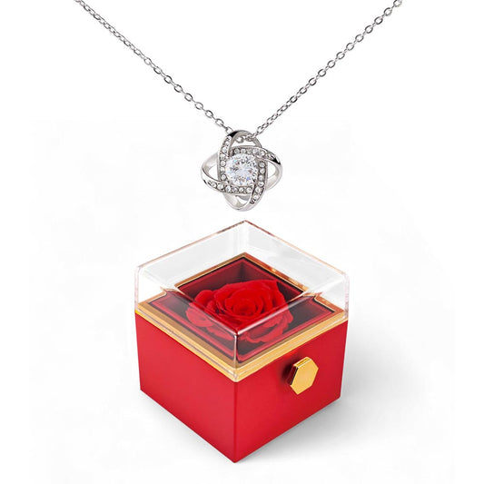 For Her-Love Knot Necklace with rotating Rose Box