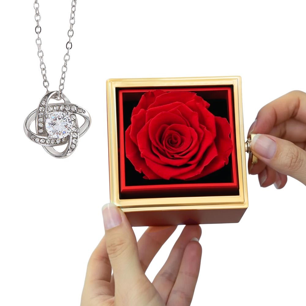 For Her-Love Knot Necklace with rotating Rose Box