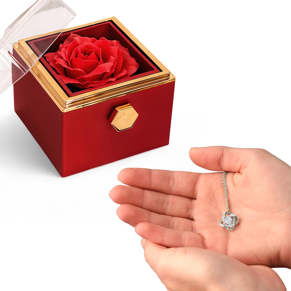 For Her-Love Knot Necklace with rotating Rose Box