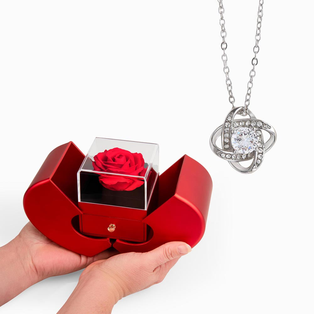 Love Knot Necklace and Red Heart Rose Box Gift Set