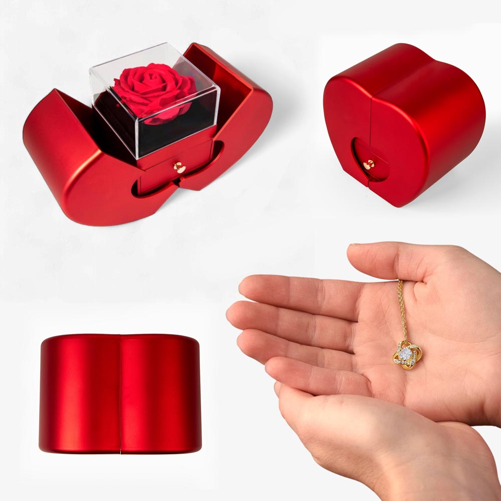 Love Knot Necklace and Red Heart Rose Box Gift Set