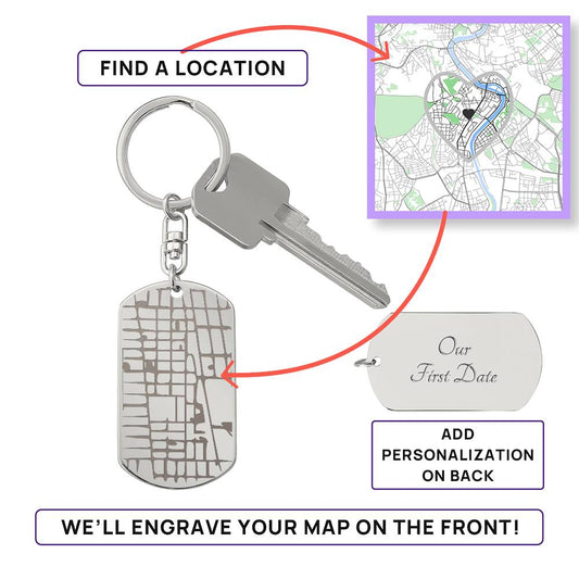 Engraved Map Dog Tag Keychain– Where Our Story Began