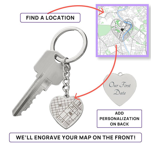 Engraved Heart Map Keychain – Where Our Story Began
