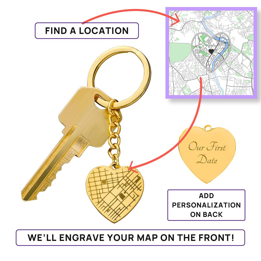 Engraved Heart Map Keychain – Where Our Story Began