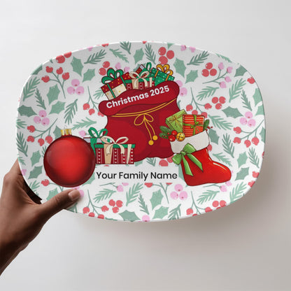 10”x14” Platter-Holiday stocking, ornament and santa's bag